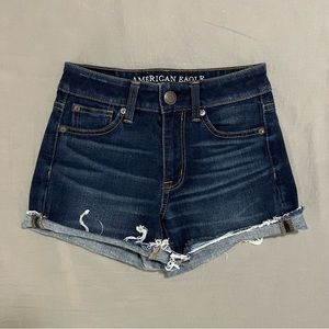 AE dark wash high-waisted jean shorts